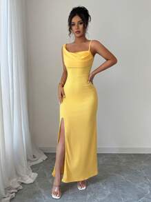 Elenzga Robe élégante à col drapé asymétrique avec volant, fendue, de couleur crème jaune - Jaune citron - Voir 1