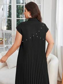 Lacomfia 大码休闲纯色衬衫领珍珠装饰褶皱后背宽松常规春夏连衣裙 - 黑色 - 查看 4