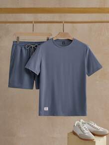 Manfinity VCAY 男士字母贴花T恤和抽绳短裤夏季套装 - 霧霾藍 - 查看 1