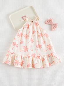 Cozy Pixies Baby Girl Plant & Floral Print Casual Sleeveless Dress, Versatile Baby Sun Dress Baby Beach Dress Baby Palm Tree Dress Baby Summer Dress Baby Girl Tropical Dress