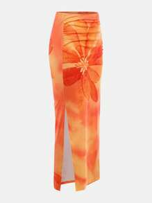 SHEIN Girlism Tween Girl Fitted Casual Comfortable Tie-Dye Floral Tube Top And Bodycon Mini Skirt Suit