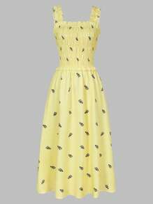 女式夏季法式休闲度假黄色褶饰方领多层荷叶边花卉印花长裙 - 彩色 - 查看 4