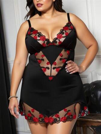 Goth Plus Size Dark Gothic Floral Embroidered Lace-Trim Satin Nightgown ,Vacation