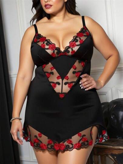 Goth Plus Size Dark Gothic Floral Embroidered Lace-Trim Satin Nightgown