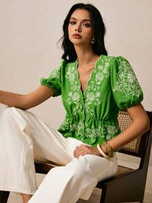 Poéselle Áo kiểu nữ tay ngắn thêu họa tiết phong cách vintage Boho, áo dễ thương, áo thêu, áo sơ mi cài nút, áo dành cho nữ đi nghỉ mát, phong cách cổ điển, phụ nữ thanh lịch, vintage, mùa hè/thu - màu xanh lá - Xem 4