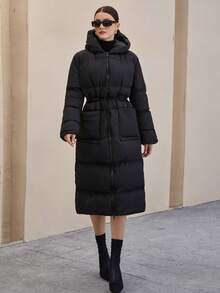 EURMUSE Casual Style, Keep Warm Feature Waterproof Long Line Patch Pocket Detailed Maxi Oversized Padded Coat Long Puffer Coat Women Long Hooded Coat Long Winter Coat Women Womens Long Coat Long Winter Jacket Women Womens Winter Coats - Black - View 3