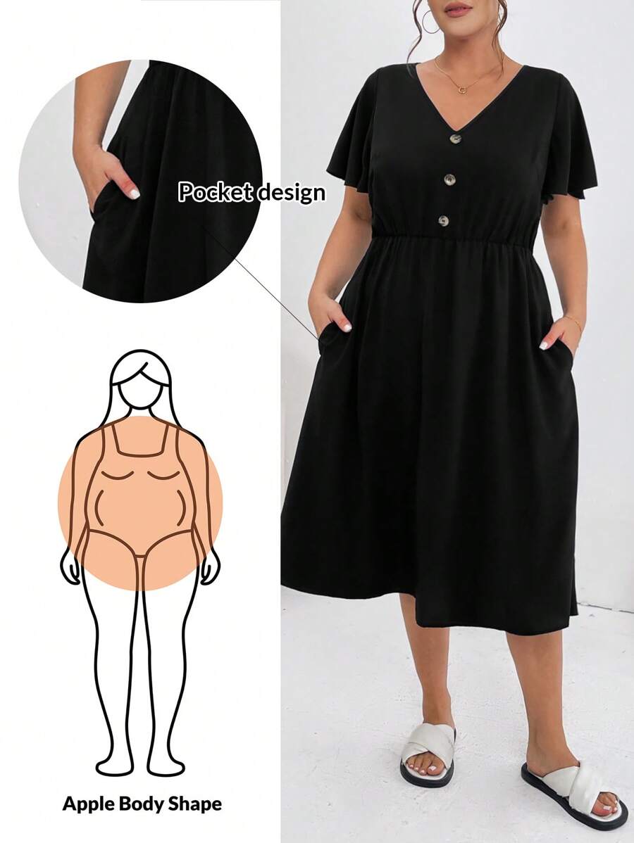 SHEIN Essnce Women's Plus Size Summer Casual Vacation Waist V-Neck Short-Sleeved Pocket Black Conservative Dress