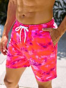 Manfinity VDAYZ Men's Tie Dye Print Pocketed Drawstring Waist Beach Shorts, Suitable For Summer, Hawaiian