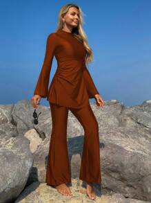 Swim Mulvari 女士新款纯色夏季两件套高领长袖连衣裙褶皱喇叭袖收腰保守泳衣海滩度假防紫外线