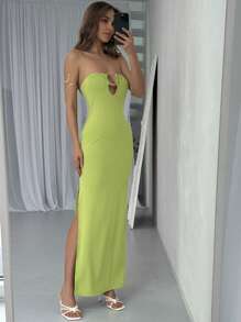 Aloruh Sexy Vixen Snake Metal Buckle Fitted Hollow-Out Maxi Olive Green Bodycon Dress For Women