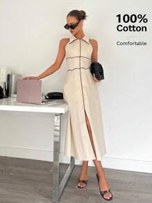 Siren Gaze 女式 100% 纯棉衬衫领无袖撞色边喇叭中长连衣裙，女士亚麻服装 - 杏色 - 查看 5
