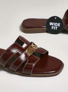 SHUZIA Wide Width Women's Luxe Gold Lock Stitching Detail Square Toe Flat Glossy Pu Coffee Slide Sandals-Plus Size Sophisticated, Elegant & Stylish - Coffee Brown - View 2