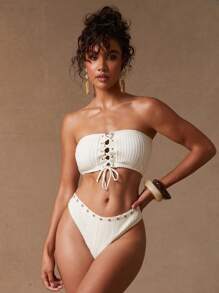 NYA SZN Women Solid Color Lace Up Bandeau Bikini Top For Summer Beach Vacation - Apricot - View 1