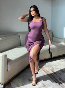 SHEIN LUNE Plus Size Women's Solid Color Square Neck, Side Slit Hem, Fitted Camisole Dress - Purple - View 2