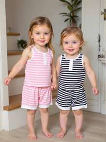 4-Piece Baby Girl Casual Versatile Striped Sleeveless Top And Pants Set Suitable For Spring And Summer Daily Wear - Multicolor - View 6