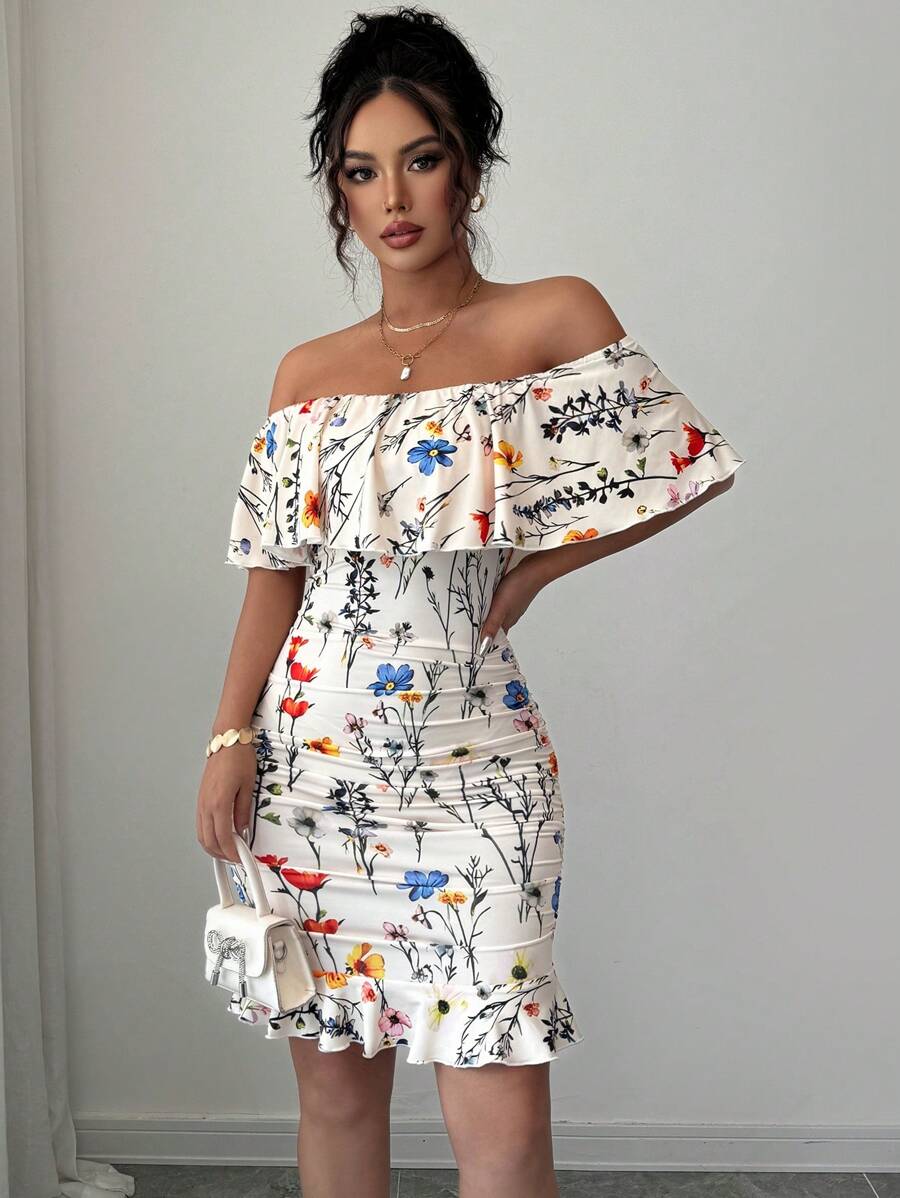 Selianne Đầm bodycon trễ vai bèo nhún in họa tiết nhiệt đới cho trang phục đi biển dành cho nữ - Nhiều màu - Xem 1