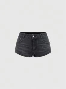 ROMWE Grunge Punk Women's Y2K Retro Super Low Waist Back Pocket Heart Embroidery Rhinestone Distressed Mini Denim Shorts - Black - View 2