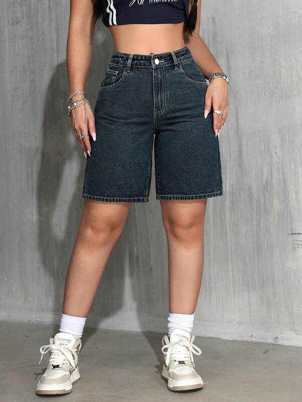 SHEIN PETITE 女士休闲百慕大牛仔短裤，带口袋