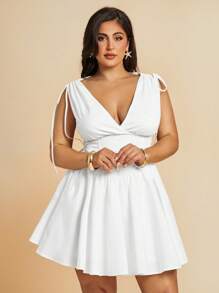 SHEIN BAE Đầm dự tiệc bồng bềnh cổ chữ V có dây rút vai cỡ lớn cho nữ, màu trắng, váy dự tiệc sinh nhật - trắng - Xem 5