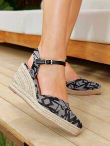 Styleloop Giày sandal đế dày dệt đế xuồng cho nữ, phong cách Bohemian cho kỳ nghỉ - Màu xám đen - Xem 2