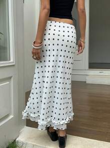 SHEIN EZwear 女士白色波尔卡圆点和图案印花休闲雪纺美人鱼长裙，带荷叶边下摆，夏季，外出