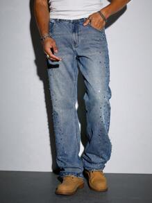 ROMWE MEN Street Life Quần Jeans Denim Nhiều Túi Trang Trí Đá Rhinestone Màu Sắc Cho Nam Thường Ngày Đa Năng - Màu xanh lam - Xem 7