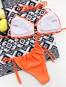 Bonvoyette Solid Color Ruffled Hem Bikini Swimsuit, Sexy For Beach Vacation - Orange - View 2