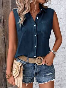 EMERY ROSE Women's Solid Color Single-Breasted Pocket Sleeveless Casual Shirt - Navy Blue - View 5