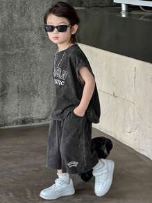 Dazy Kids 2件套男童圆领针织背心+短裤套装 - 深灰色 - 查看 3