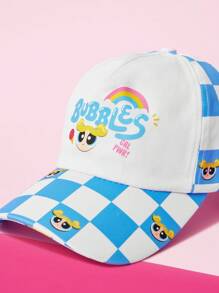 THE POWERPUFF GIRLS X SHEIN Checkered And Bubbles Pattern Fashion Baseball Cap - White - View 5