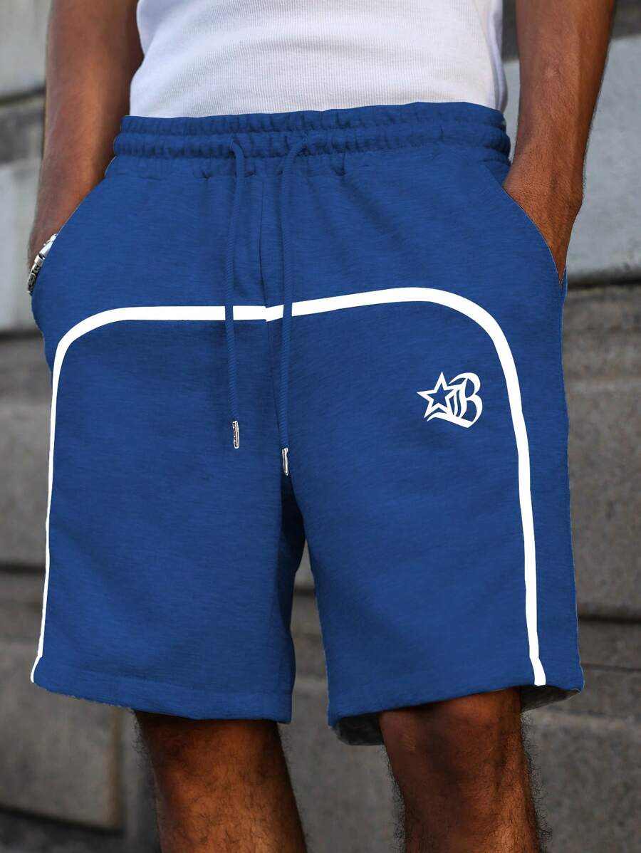 PAVTROS 男士拼色条纹印花口袋抽绳腰短裤，适合夏季 - 寶藍色 - 查看 1