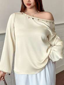 Dazy Plus 1pc Loose-Fit Solid Color Asymmetircal Neck Shell Decor Long Sleeve Blouse - Apricot - View 4