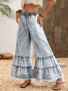 Breezaya 女士休闲松紧腰口袋宽松阔腿牛仔裤