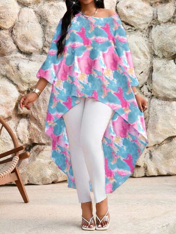 SHEIN Lady Tricouri elegante de primăvară și de vară, pentru naveta la birou, casual, boho, colorate, țesute, cu guler rotund, cu mâneci lungi și joase, mărime plus, bluze
