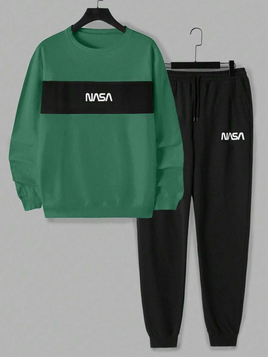 EURMUSE Cotton Men's Letter Printed Sweatshirt And Jogger Pants Set - Dark Green - View 1