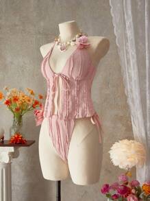 SHEIN Swim 女士纹理面料结饰前细肩带露背吊带背心和比基尼泳装，海滩度假风格 - 粉色 - 查看 2