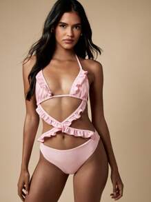 MISSGUIDED 夏季荷叶边细节连体泳衣 裹身式海滩泳池度假泳衣 - 粉色 - 查看 4