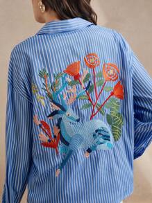 Anewsta Striped Drop Shoulder Long Sleeve Embroidered Giraffe Decor Casual Long Shirt - Blue - View 4