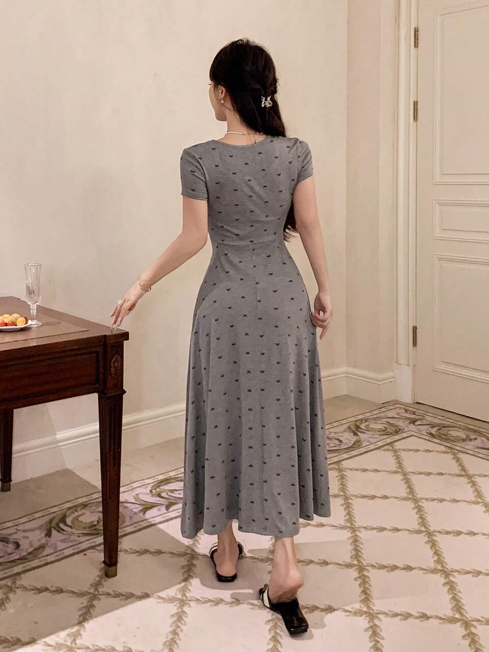 Butterfly Print Fitted Short Sleeve Women Home Dress Pajama
