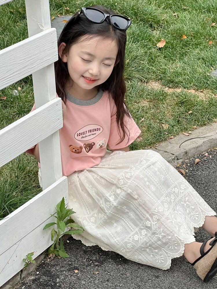 2pcs/Set Young Girls Cartoon Print Round Neck Short Sleeve T-Shirt And Casual Shorts, Summer Outfit