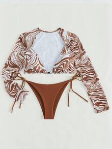 Swim SXY Bãi biển mùa hè Bộ bikini in cẩm thạch dài tay Chi tiết cúp trên & cà vạt bên dưới bơi 2 mảnh Bộ đồ tắm bikini - Cà phê nâu - Xem 8