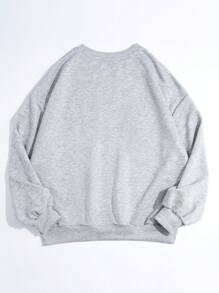 SHEIN EZwear Casual Minimalist Printed Cute Funny Fluffy Kitten & Letter Graphic Loose Crew Neck Long Sleeve Hoodie Sweatshirt For Women, Suitable For Spring Break, Y2K Style Autumn And Winter - Light Grey - View 2