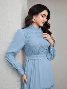 Graceveil 女式纯色立领长袖蕾丝腰收腰长裙，夏季 - 淺藍色 - 查看 7