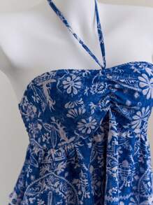 SHEIN Unity Cute Floral Print Tie Front Fashion Halter Neck Tank Top - Blue and White - View 6