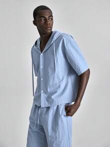 Ontre Men Summer Solid Color Casual Hoodie Short Sleeve Shirt, Suitable For Independence Day, St. John's Day, Graduation, Daily Wear, Vacation, Beach Resort,Commuting - Blue - View 7