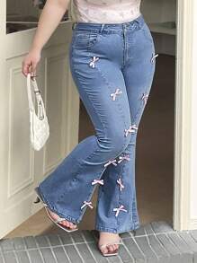 SHEIN ICON 大码女式蝴蝶装饰牛仔修身喇叭腿休闲度假裤，夏季