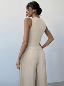 Firerie Nuevo conjunto de primavera/verano de 2 piezas: Elegante y vintage chaleco de color negro sólido, de doble botonadura, con escote en V y estructura hueca, talla grande pantalones casuales minimalistas de talle alto y pierna ancha con hebilla metálica.