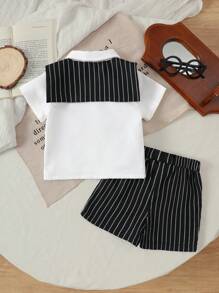 SHEIN Playful Pals 3pcs Baby Boy Infant Toddler Newborn Spring/Summer Gentleman Style Black & White Striped Woven Shirt+Shorts+Detachable Cape 3 Pieces Set, High Quality Cotton Baby Outfit
