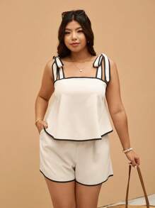 Elaquor Bộ 2 chiếc/Bộ áo hai dây xếp nếp và quần short cỡ lớn dành cho nữ, Bộ trang phục mùa hè 2 món, Trang phục mùa hè dành cho nữ - Màu be - Xem 3