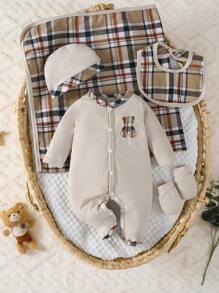 SHEIN Bộ đồ ngủ 4 món cho trẻ sơ sinh gồm quần áo ngủ dài tay, yếm, mũ và găng tay, đơn giản và thời trang, màu trắng - Màu Khaki - Xem 5